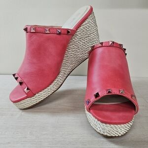 NATURE BREEZE - Melon Red Studded Espadrille Platform Wedges